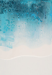 Fluid art Abstract flow acrylic and watercolor pour marble painting blot. Color blue, beige, white wave smoke texture background.