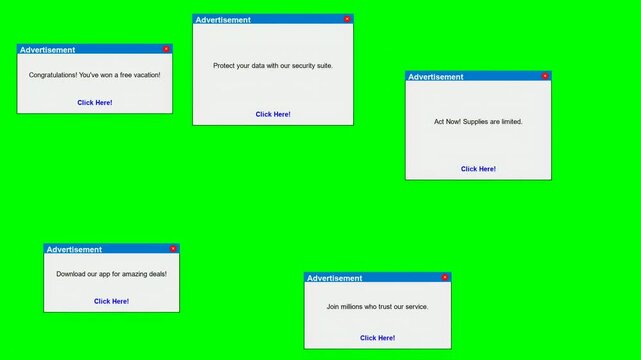 4k animation of various pop-up advertisements appearing on the screen just as quickly as they can be closed, on a green background for easy replacement.