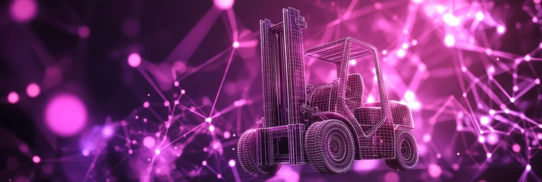 3D Rendered Wireframe Forklift on Abstract Technological Background With Connecting Lines and Dots