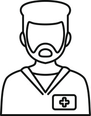 Simple line drawing of a bearded male nurse wearing scrubs with his badge clearly visible