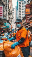 Obraz premium A sanitation worker in an orange uniform collects waste bags in a bustling street in Hong Kong