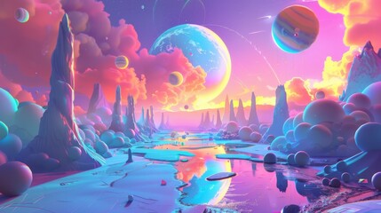Fototapeta premium A colorful space scene with a large planet in the background and a river in the foreground. The sky is filled with clouds and the colors are vibrant
