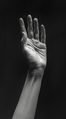 closeup of a hand reaching out ,isolated on a black dark background,   skin, minimalism, editorial film poster photography