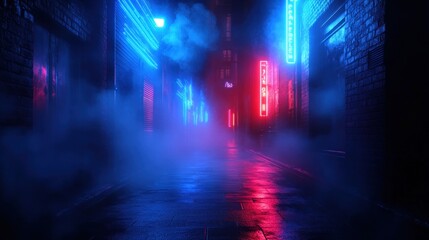 A foggy, neon-lit alleyway in a city at night, with glowing signs and blue and red light.