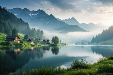 Fototapeta premium Serene view of a remote mountain village by a calm lake, surrounded by mist and lush greenery, capturing a peaceful summer morning. Generative AI