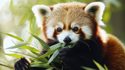 Fototapeta premium A red panda eats bamboo leaves while looking directly at the camera.