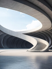 Abstract architectural composition with spiral staircases and flowing curves, blending modern aesthetics with artistic design. A seamless integration of structure and space. Generative AI