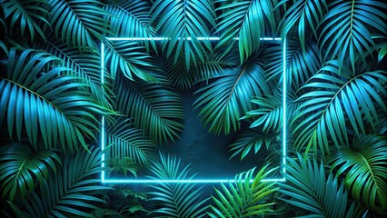 Minimalist glowing rainforest neon blue frame casting light on green tropical leaves against dark backdrop