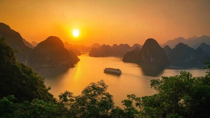 A cruise ship sails through a serene bay at sunset, surrounded by lush, green mountains.