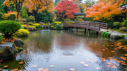 雨に濡れる秋の日本庭園と紅葉の池