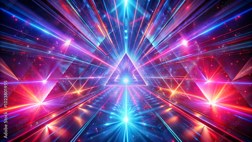 Wall mural abstract background with triangular rays radiating light in red, blue, and violet with a futuristic 
