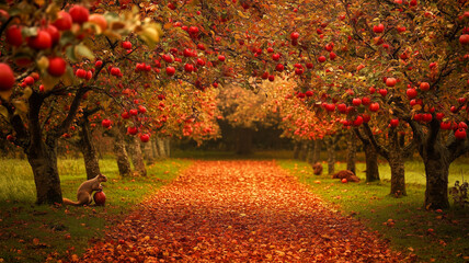 Naklejka premium 秋の果樹園で活動するリス