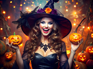 a photo of a happy woman at a halloween party dressed