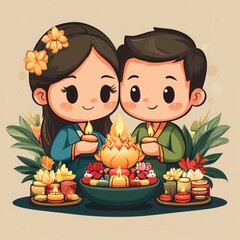 Cute Smiling Couple Celebrating Loy Krathong Festival in Traditional Thai Style - Premium Vector Illustration Logo Set