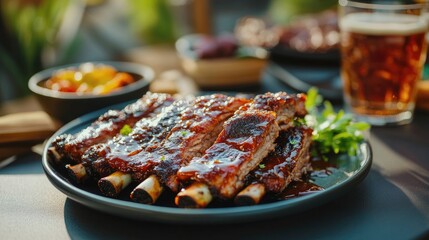 Savory Grilled Ribs with Fresh Garnish and Drink