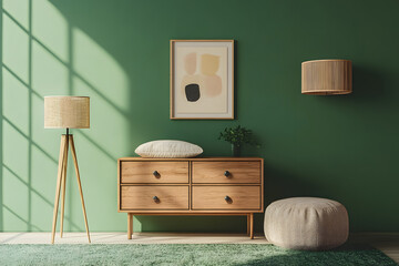 Chest of drawers with cushion, pouf, picture and floor lamp near green wall in room