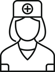 Simple line icon style drawing of a female healthcare professional wearing scrubs and a nurse hat with a medical cross on it