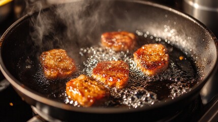 Fototapeta premium Juicy Meat Cooking in a Pan with Sizzling Sounds