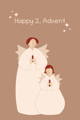 Happy 2. Advent - Schriftzug in englischer Sprache - Fröhlicher 2. Advent. Karte mit niedlichen Engeln.
