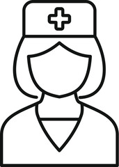 Simple line drawing of a female healthcare worker wearing a scrub top and nurse's hat with a medical cross on it