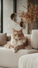 Majestic Maine Coon Cat Relaxing on Modern Sofa in Sunlit Room