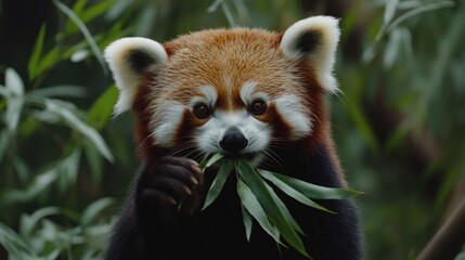 Obraz premium A red panda with reddish-brown fur and a white face, is eating green leaves. The animal is looking directly at the camera.