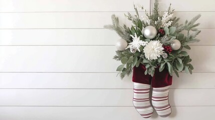 A vibrant Santa hat is featured as a door decoration, surrounded by colorful Christmas ornaments and pine cones, bringing a festive touch to the holiday season