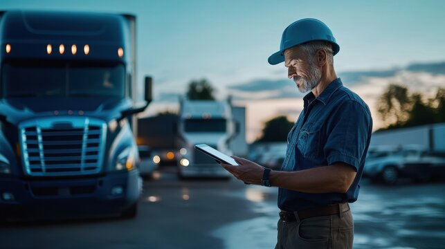 A truck driver stands in a freight yard, using a tablet to check shipment information at dusk