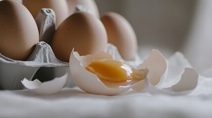 Cracked egg with yolk spilling out surrounded by empty eggshells, symbolizing food safety recall on clean white surface