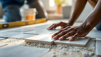 Close-up of hands carefully placing ceramic tile on floor. DIY home renovation project showcasing precision and attention to detail. Sunlit workspace with tools, spirit level and adhesive bucket.