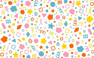 Cute colorful doodle pattern. Simple childish scribble backdrop. Background for trendy design with basic shapes. 