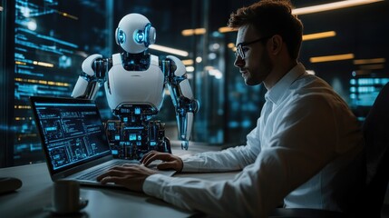 Engineer Collaborating with Futuristic AI Robot in Modern Office Setting