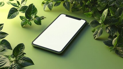A modern smartphone with a white screen lies on a green background surrounded by green leaves.