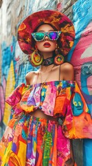 Fototapeta premium Vibrant Fashion: Colorful Street Style with Bold Accessories and Graffiti Backdrop