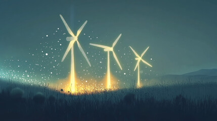 Three glowing wind turbines stand in a field. They are made of simple shapes, like triangles, lines, and dots. This illustration shows how wind energy can be a clean and sustainable source of power.
