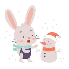 A cute bunny made a snowman.Cute cartoon rabbit playing in winter forest. Snowman, hat, scarf.