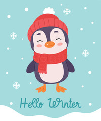Cute penguin in winter clothes. Hello winter card.cute polar birds vector