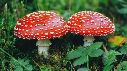 Obraz premium Bright Red Mushrooms in Lush Green Grass