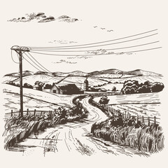 Fototapeta premium Hand-drawn vector illustration of a rural farm scene with two barns, a fence, and a field of wheat.