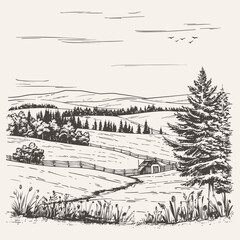 Fototapeta premium Hand-drawn vector illustration of a rural farm scene with two barns, a fence, and a field of wheat.