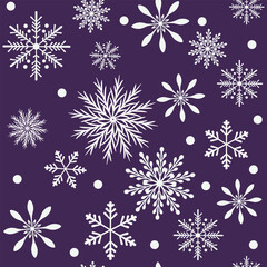 Seamless pattern of white snowflakes on purple background. Festive background for Christmas and New Year design with snowflakes in cartoon style. Design element for wallpaper, textile print, wrapping 
