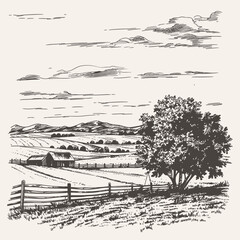 Hand-drawn vector illustration of a rural farm scene with two barns, a fence, and a field of wheat.