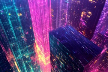 Conceptual representation of a futuristic skyscraper, with imaginative neon hues and abstract visuals.
