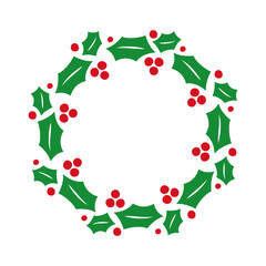 Tiempo de Navidad. Logo con corona navideña circular de hojas y bayas de acebo para tarjetas y felicitaciones