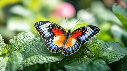 Colorful Butterfly on Green Leaves in Nature Setting