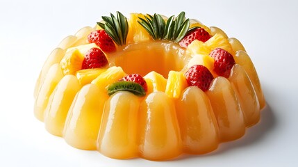 Delicious gelatin fruit ring with pineapple, strawberries, and kiwi on white background