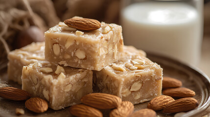 Plate of almond fudge with a glass of milk
