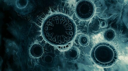 Ancient microbes under microscope reveal intricate cellular structures, showcasing their mysterious and ancient nature, ideal for scientific and educational content