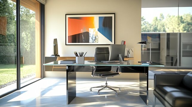 Contemporary home office with sleek furniture, natural lighting, and modern wall art, copy space