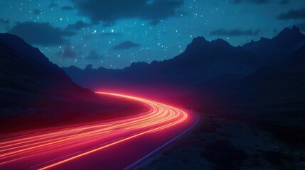 A winding road through a mountain valley at night with a starry sky and red taillights streaking in the distance.